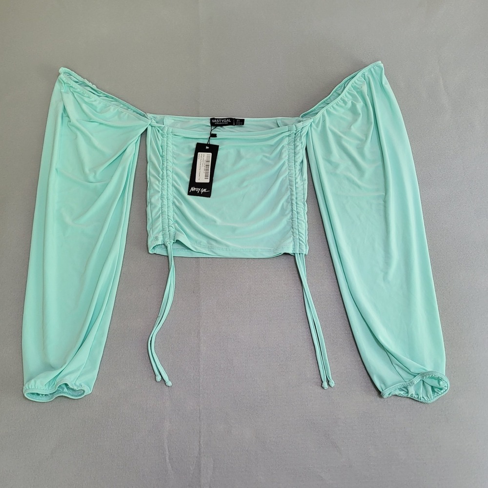 NWT Nasty Gal Collection Off The Shoulder Long Sleeve Shirt Slinky Crop Top Sz 2